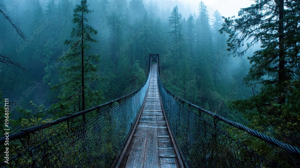 Fototapeta premium Misty Hanging Bridge Hidden in Dense Fog Among Tall Pines