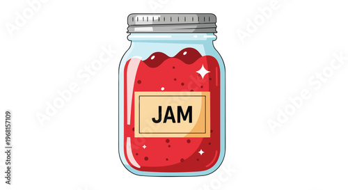 Vibrant illustration of a classic glass jar filled with luscious red fruit jam, sparkling cheerfully, ideal for breakfast spreads and culinary themes