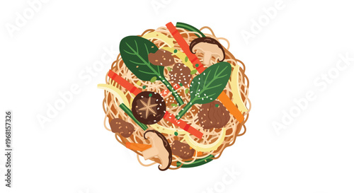 Flavorful stir-fried noodles with mushrooms, spinach, and diverse vegetables artwork