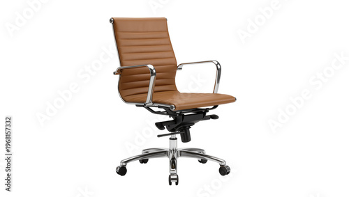 Fotografie Brown leather ribbed office chair with chrome arms, isolated on transparent back