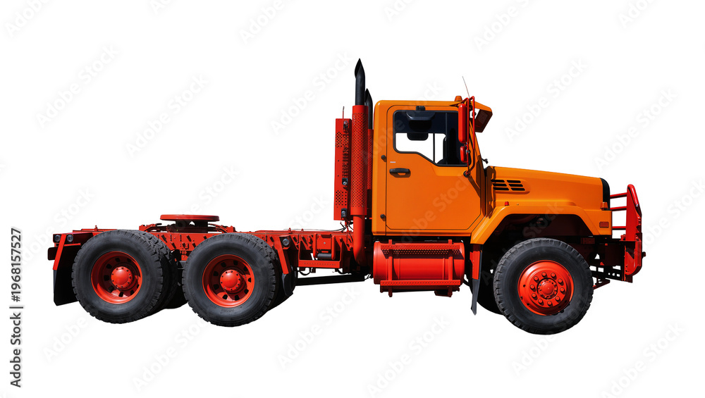 Fototapeta premium Orange and red heavy-duty semi-truck tractor, isolated on transparent background
