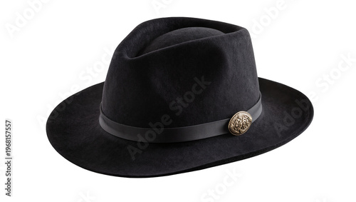 Tableau sur toile Black felt fedora hat with dark ribbon and ornate gold emblem, isolated on trans