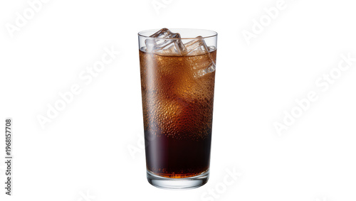 Tall glass of dark cola with ice cubes condensation droplets, isolated on transparent background