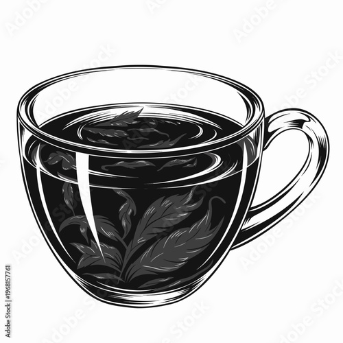 Black tea in a glass cup with leaves, isolated on white background. Perfect for menu and branding. Realistic vector illustration.