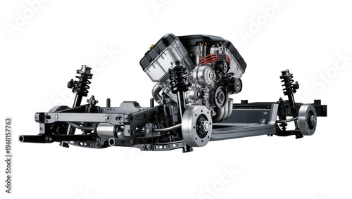 Foto Automotive chassis with engine suspension and wheels, isolated on transparent ba