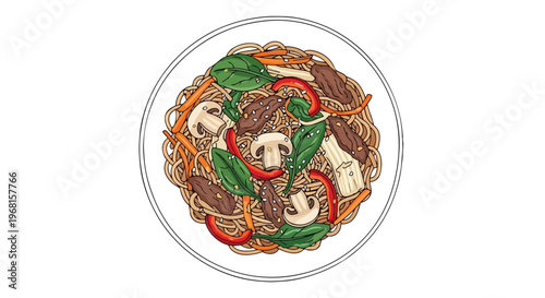 Delicious graphic of stir-fried noodles with beef, mushrooms, and colorful vegetables, presented on a round white plate, illustrating a healthy and