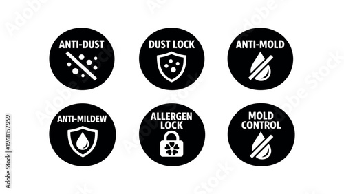 Anti-allergen and mold icon set. anti-dust, dust lock, anti-mold, anti-mildew, allergen lock, mold control, cleanliness and protection icons. line, flat and colored vector icon set.