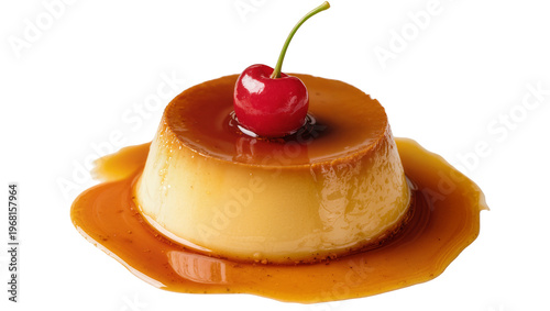 Fotografie Caramel custard dessert with red cherry topping, isolated on transparent backgro