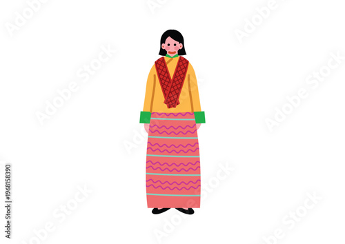 ブータンの伝統的な民族衣装を着た女性のイラスト
