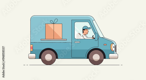 A cartoonish delivery van carries a gift, driven by a smiling man