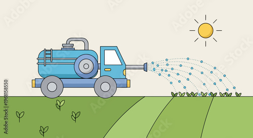 A blue vehicle with a water tank sprays fields of crops under a yellow sun