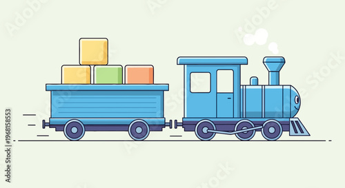 A charming blue cartoon train, pulling a cargo car with colored blocks, trails wisps of smoke