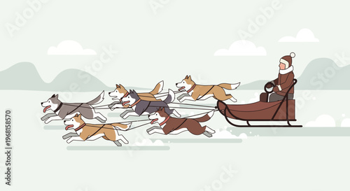 A dog sled team pulls a sled with a musher through a snowy landscape