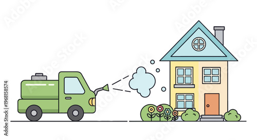 A green truck sprays pesticide toward a house, with flowers and bushes in front