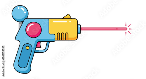 Cartoon illustration of a ray gun with a pink beam and starburst, on a white background