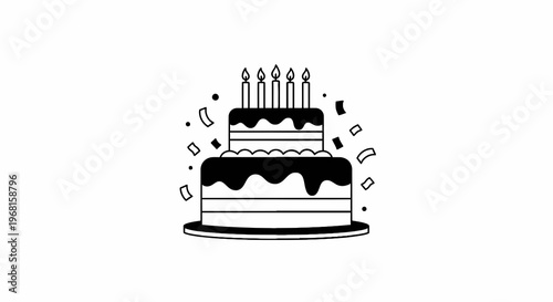 A two-tiered birthday cake with lit candles and confetti. Drawn in monochrome