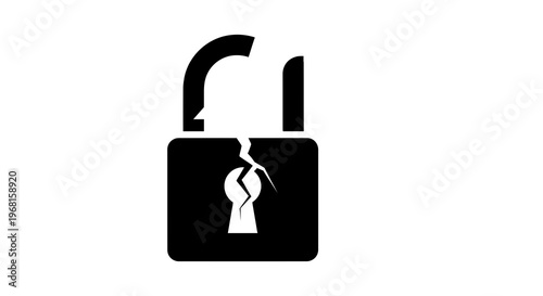 A black, broken padlock against a white background, symbolizing vulnerability or breach