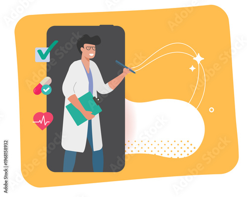 Personal virtual doctor man consulting online from smartphone mobile phone screen app modern vector drawn doodle minimal illustration, telemedicine healthcare concept, digital medical technology
