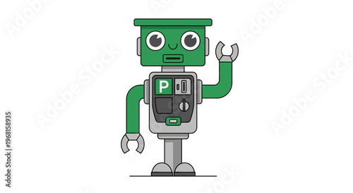 A green and gray robot with a parking meter-like chest raises its hand