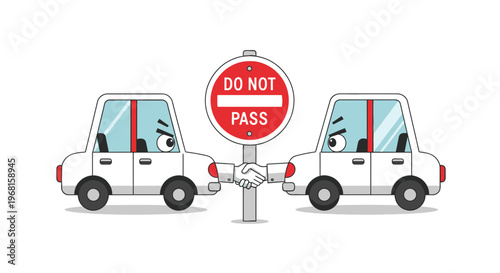 Cartoon cars with angry faces confront a "Do Not Pass" sign with a handshake