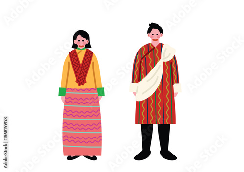ブータンの伝統的な民族衣装を着た男女のイラスト