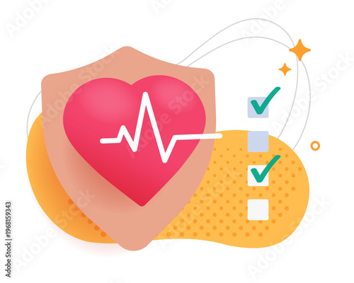 Medical health care insurance icon vector modern cartoon 3d drawn graphic illustration, heart pulse ecg heartbeat with shield protection and checklist as life security examination image clip art
