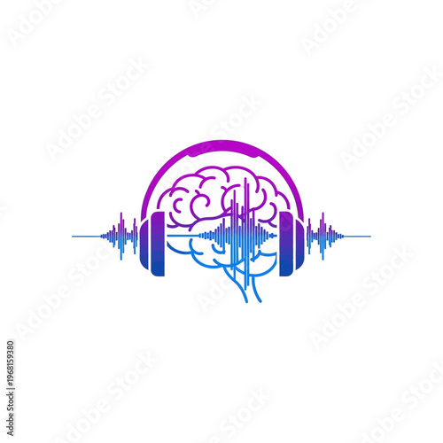 Brain with headphones and sound waves representing audio intelligence.