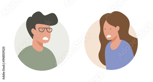 Man woman people in unhappy problem upset mood facial expression icon modern simple minimal vector illustration design, boy girl characters troubled annoyed image clip art set
