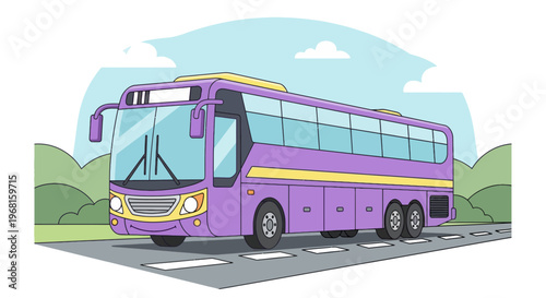 A purple passenger bus with a yellow roof drives on a road under a blue sky
