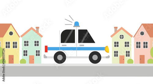 Flat illustration of a police car with a flashing light driving by colorful houses
