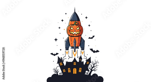 A Halloween rocket with a carved pumpkin takes off above a spooky haunted house