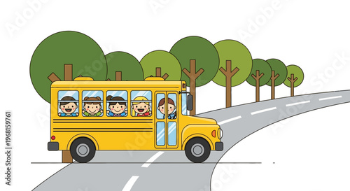 A yellow school bus with children is driving on a road lined with trees