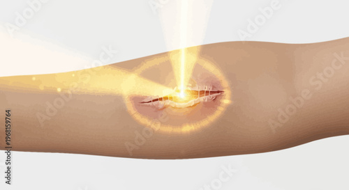 An arm with a wound illuminated by bright energy, potentially for healing