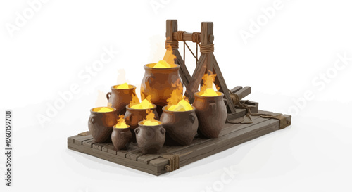 A cartoonish depiction of several pots filled with glowing gold, resting on a wooden platform