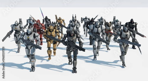 A squad of futuristic robots, armed and marching on a white plain