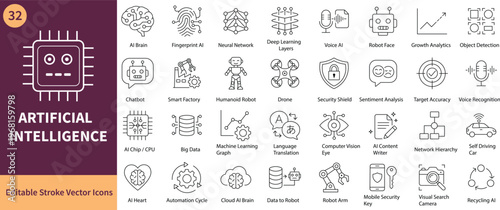 Artificial Intelligence icon set. Editable stroke line icons vector illustration.