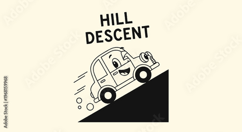 Cartoon car descends a steep hill, with "HILL DESCENT" text above