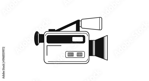 A simplified, monochrome illustration of a classic camcorder. It features a viewfinder and lens