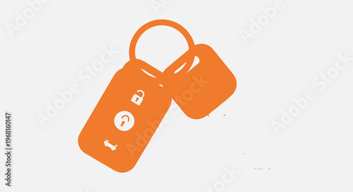 Orange car key fob with keychain, tilted, icons, on white background