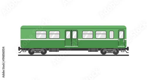 Flat, green passenger train car on tracks, side view, simple design
