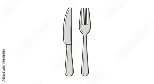 A knife and fork are side-by-side, illustrated with black outlines and filled with grey