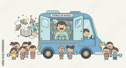 Cartoon depiction of a mobile library vehicle with children reading books