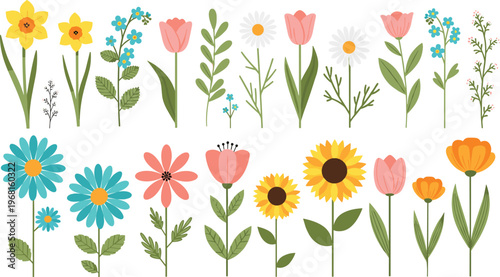 Colorful Spring Flower Collection with Daffodils, Tulips, Sunflowers, and Wildflowers for Nature, Botanical, and Seasonal Illustration Projects