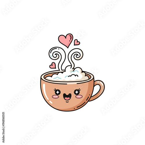 Cute Happy Coffee Cup with Hearts and Steam.