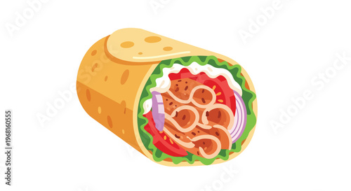 Colorful illustration of a delectable street food wrap packed with savory meat and fresh vegetables