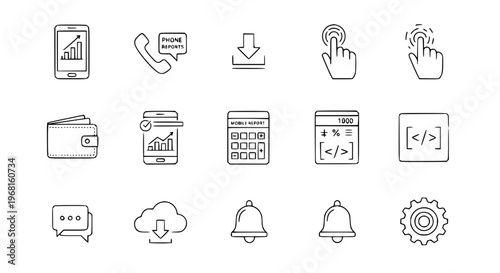 Smartphone App Line Icon Set with Mobile Payment Download Chat and Code Vector