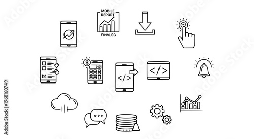 Mobile Technology Icon Set with Smartphone Download Payment Chat and Analytics Vector