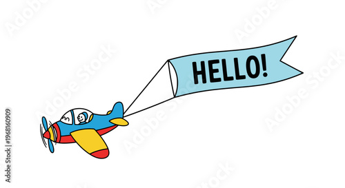 A colorful cartoon airplane pulls a "HELLO!" banner. A smiling pilot in the cockpit