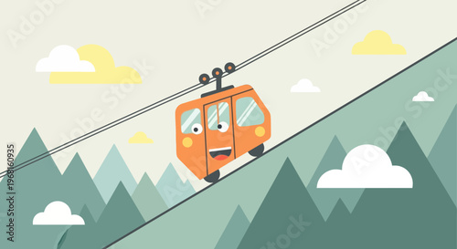 Cartoon illustration of an orange cable car with a face ascending a slope with mountains and clouds