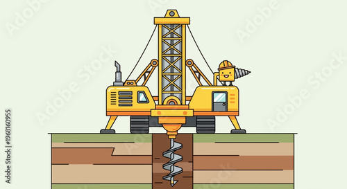 A yellow drill rig cartoonishly drills into the ground with smiling character